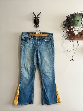 Women’s Blue Denim Jeans with Yellow Paisley Inset size 13